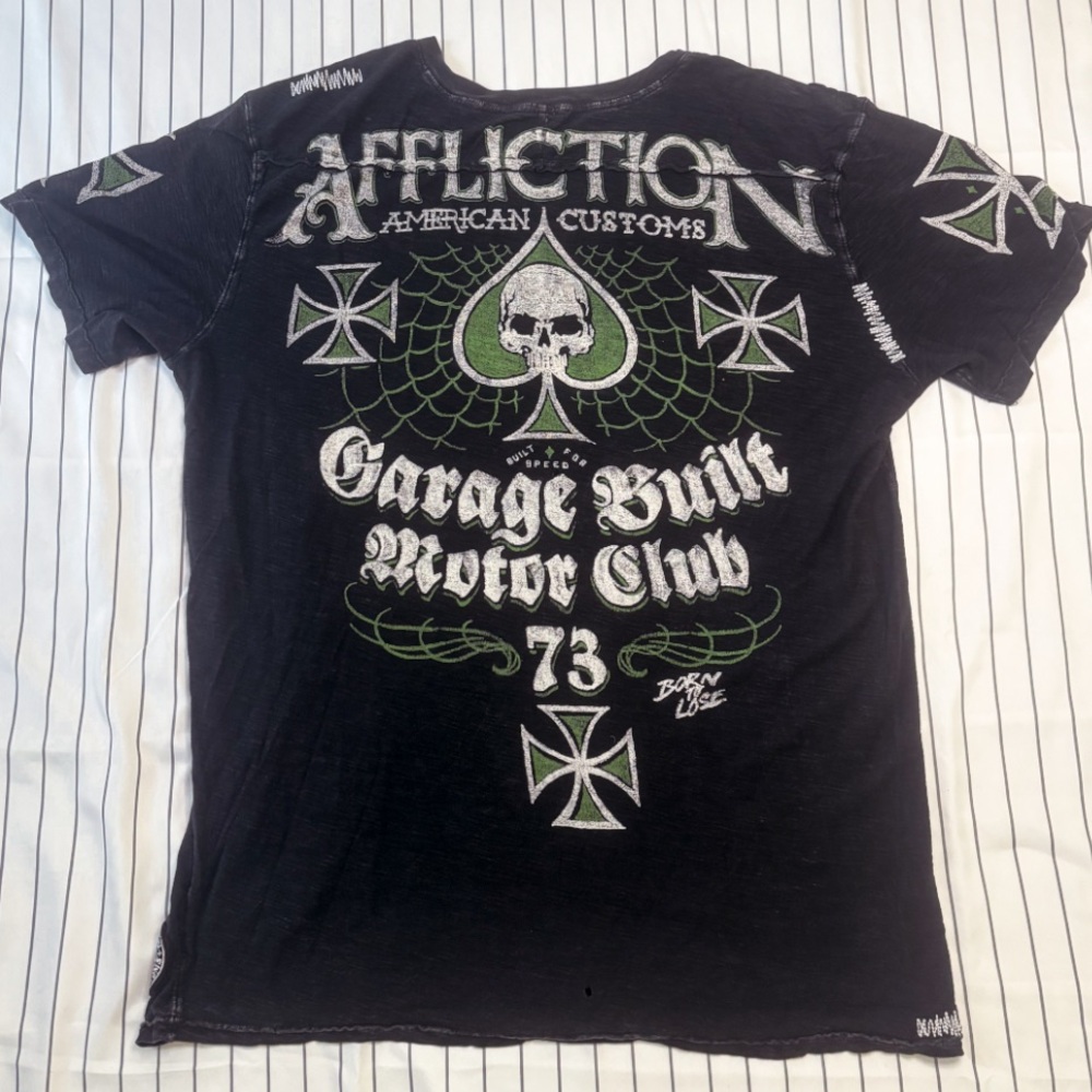 Vintage Affliction Dark Gray & Green Distressed Graphic Tee with Buttons